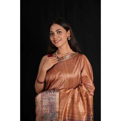 Isadora Life Womens Kalamkari Printed Copper Pre-Draped Saree with Unstitched Blouse