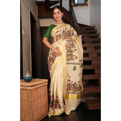 Isadora Life Womens Zari Printed Beige Pre-Draped Saree with Unstitched Blouse