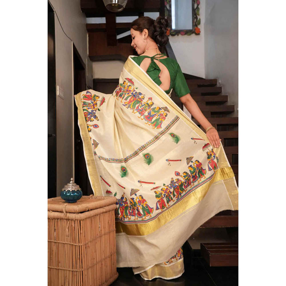 Isadora Life Womens Zari Printed Beige Pre-Draped Saree with Unstitched Blouse