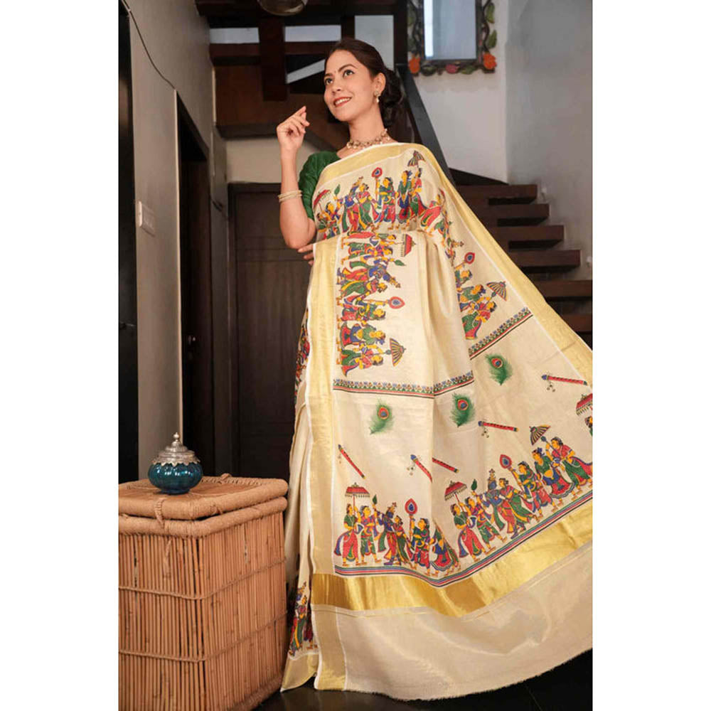 Isadora Life Womens Zari Printed Beige Pre-Draped Saree with Unstitched Blouse