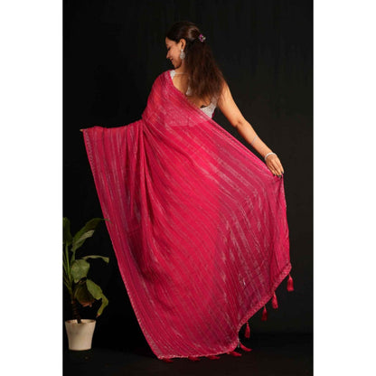 Isadora Life Womens Sequined Tassels Pink Pre-Draped Saree with Unstitched Blouse