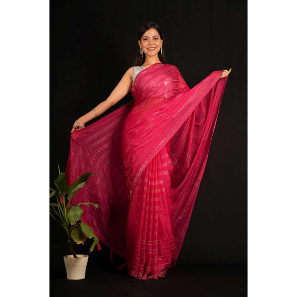 Isadora Life Womens Sequined Tassels Pink Pre-Draped Saree with Unstitched Blouse