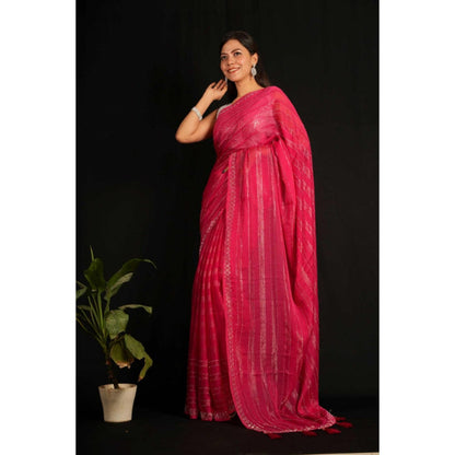 Isadora Life Womens Sequined Tassels Pink Pre-Draped Saree with Unstitched Blouse