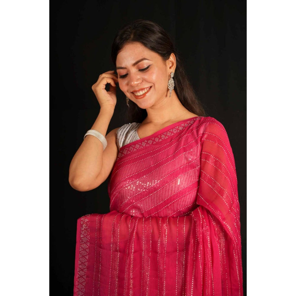Isadora Life Womens Sequined Tassels Pink Pre-Draped Saree with Unstitched Blouse