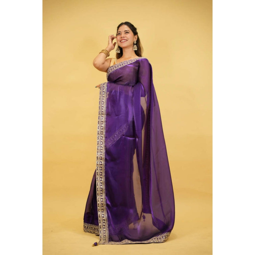 Isadora Life Womens Embroidered Sequined Purple Pre-Draped Saree with Unstitched Blouse