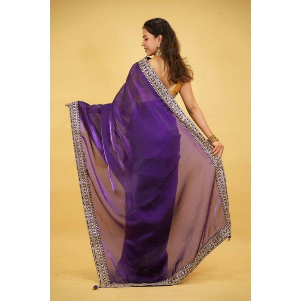 Isadora Life Womens Embroidered Sequined Purple Pre-Draped Saree with Unstitched Blouse