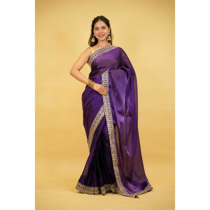 Isadora Life Womens Embroidered Sequined Purple Pre-Draped Saree with Unstitched Blouse