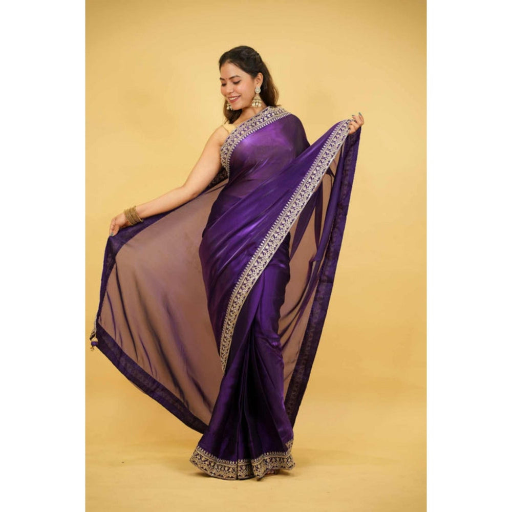 Isadora Life Womens Embroidered Sequined Purple Pre-Draped Saree with Unstitched Blouse