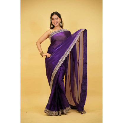 Isadora Life Womens Embroidered Sequined Purple Pre-Draped Saree with Unstitched Blouse