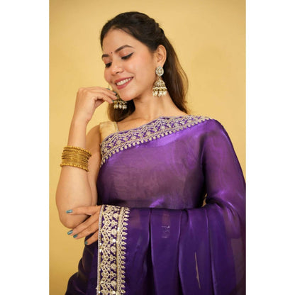 Isadora Life Womens Embroidered Sequined Purple Pre-Draped Saree with Unstitched Blouse