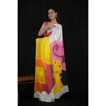 Isadora Life Womens Hand Painted White Pre-Draped Saree with Unstitched Blouse