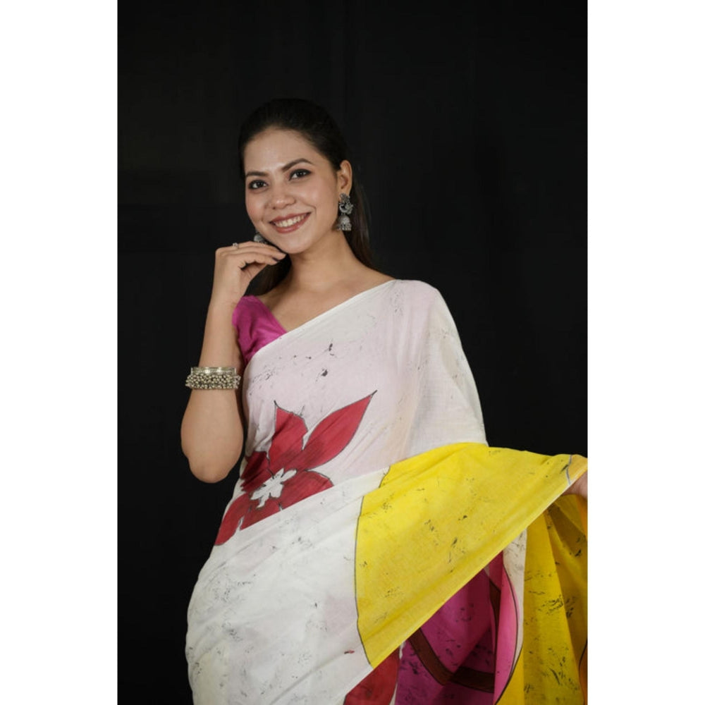 Isadora Life Womens Hand Painted White Pre-Draped Saree with Unstitched Blouse