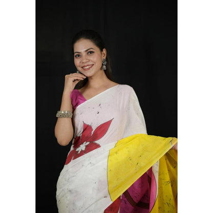 Isadora Life Womens Hand Painted White Pre-Draped Saree with Unstitched Blouse