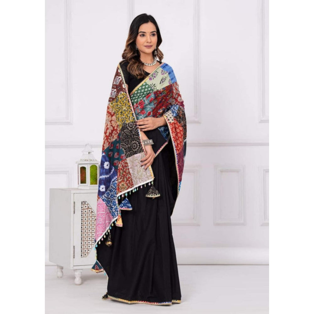 Isadora Life Womens Printed Tassels Black Pre-Draped Saree with Unstitched Blouse