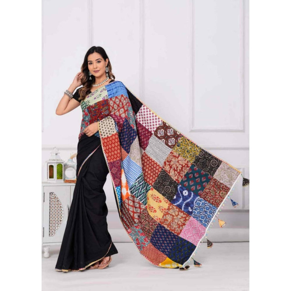 Isadora Life Womens Printed Tassels Black Pre-Draped Saree with Unstitched Blouse