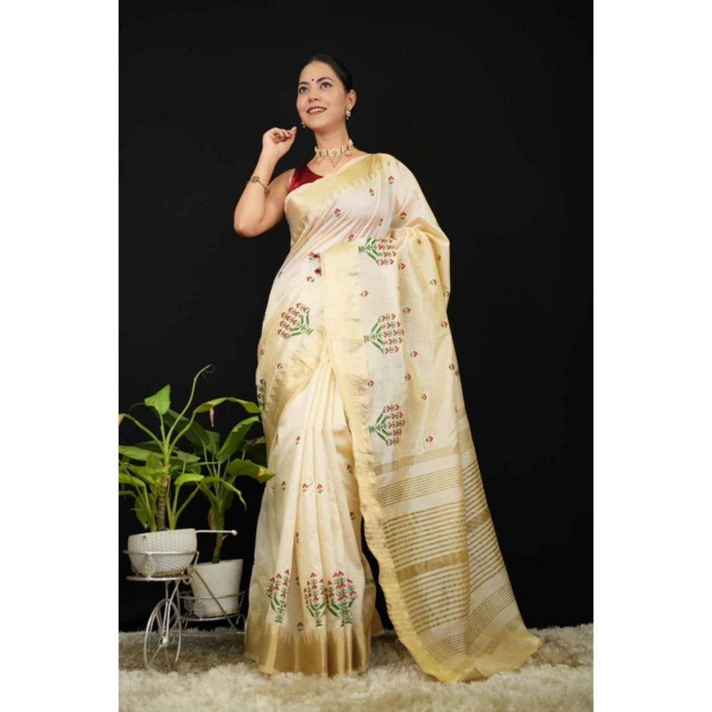 Isadora Life Womens Embroidered Zari Ivory Pre-Draped Saree with Unstitched Blouse