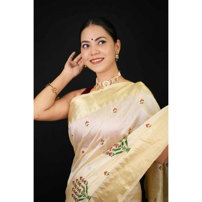 Isadora Life Womens Embroidered Zari Ivory Pre-Draped Saree with Unstitched Blouse