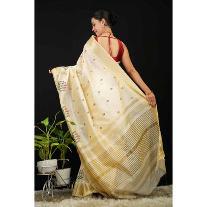 Isadora Life Womens Embroidered Zari Ivory Pre-Draped Saree with Unstitched Blouse