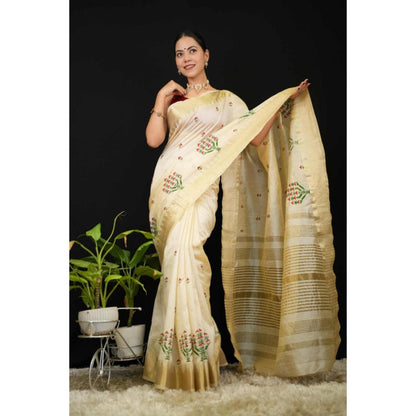 Isadora Life Womens Embroidered Zari Ivory Pre-Draped Saree with Unstitched Blouse