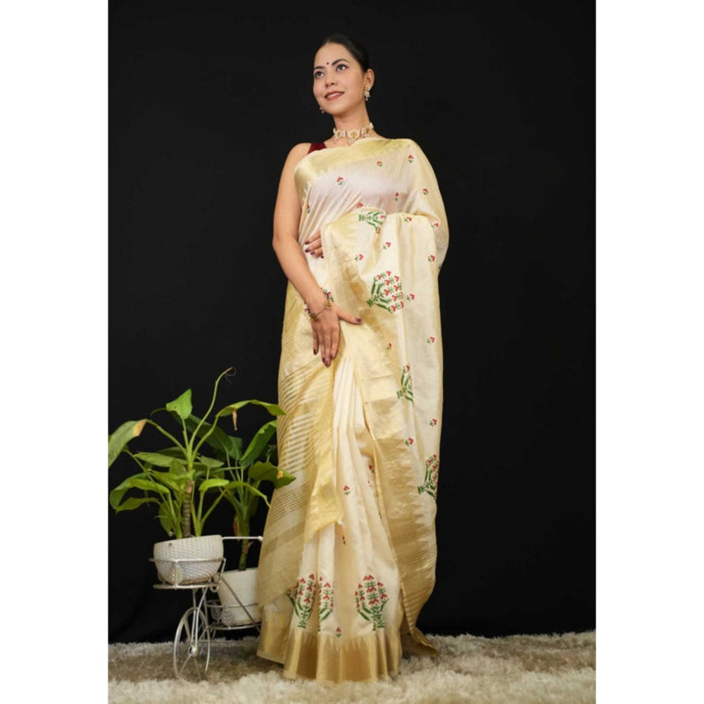 Isadora Life Womens Embroidered Zari Ivory Pre-Draped Saree with Unstitched Blouse