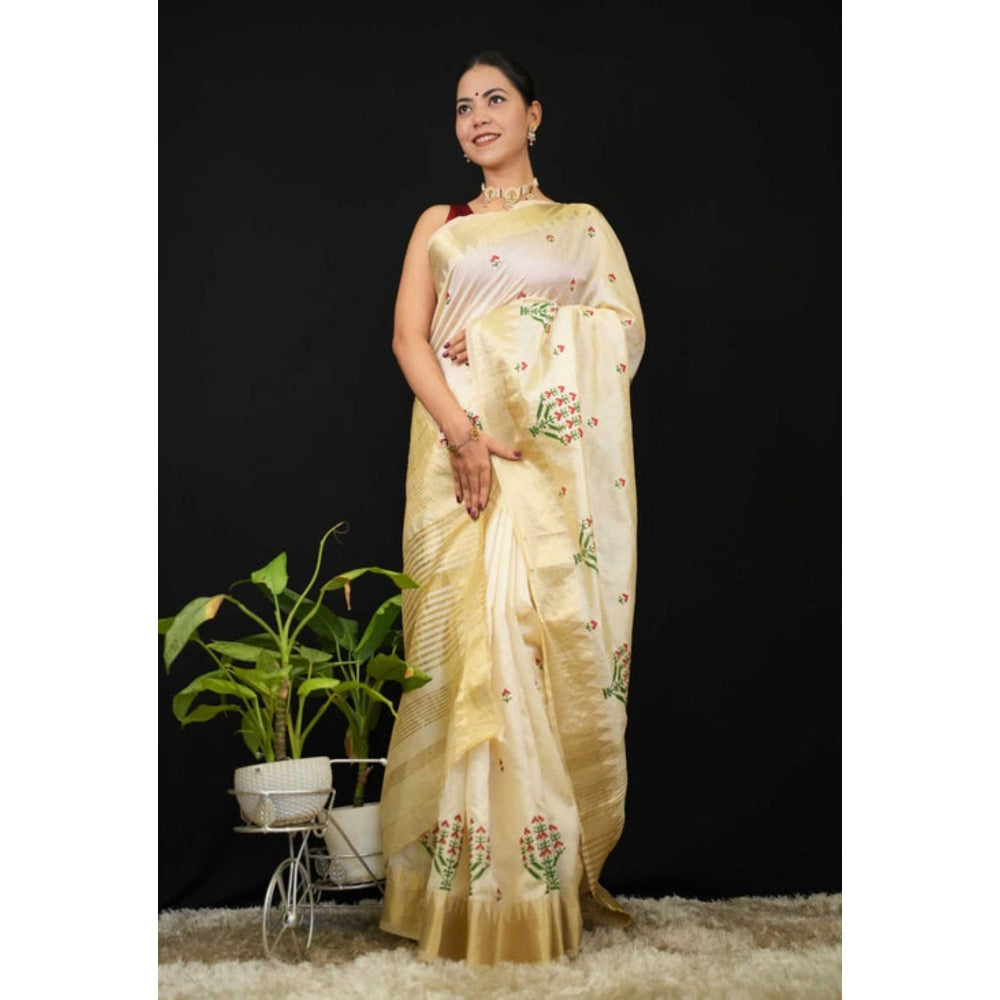 Isadora Life Womens Embroidered Zari Ivory Pre-Draped Saree with Unstitched Blouse