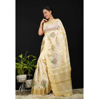 Isadora Life Womens Embroidered Zari Ivory Pre-Draped Saree with Unstitched Blouse