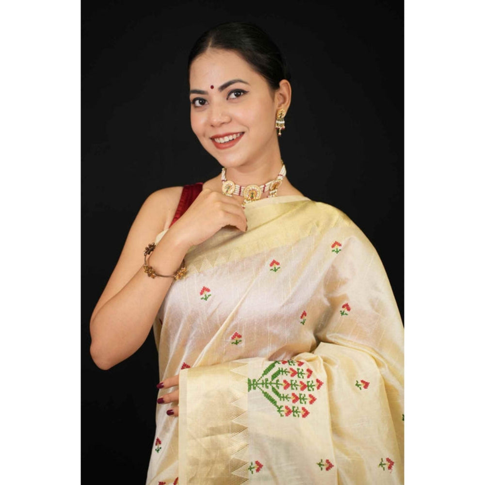 Isadora Life Womens Embroidered Zari Ivory Pre-Draped Saree with Unstitched Blouse