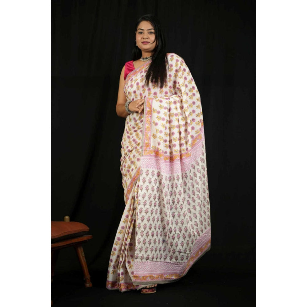 Isadora Life Womens Floral Printed White Pre-Draped Saree with Unstitched Blouse