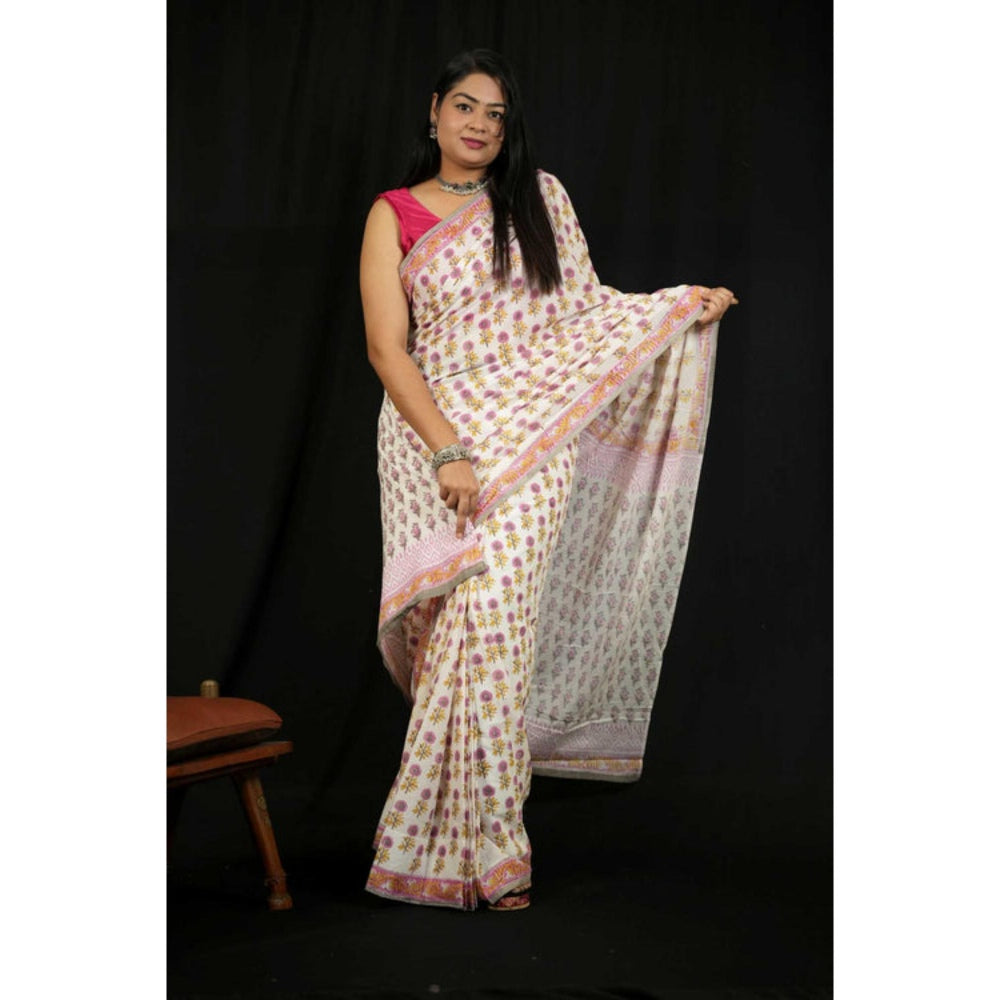 Isadora Life Womens Floral Printed White Pre-Draped Saree with Unstitched Blouse