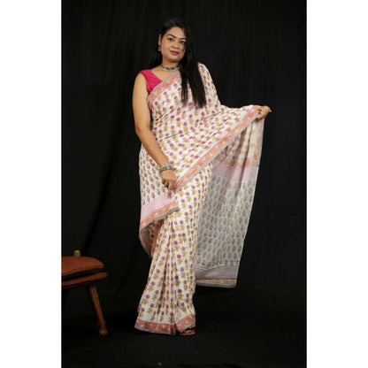 Isadora Life Womens Floral Printed White Pre-Draped Saree with Unstitched Blouse