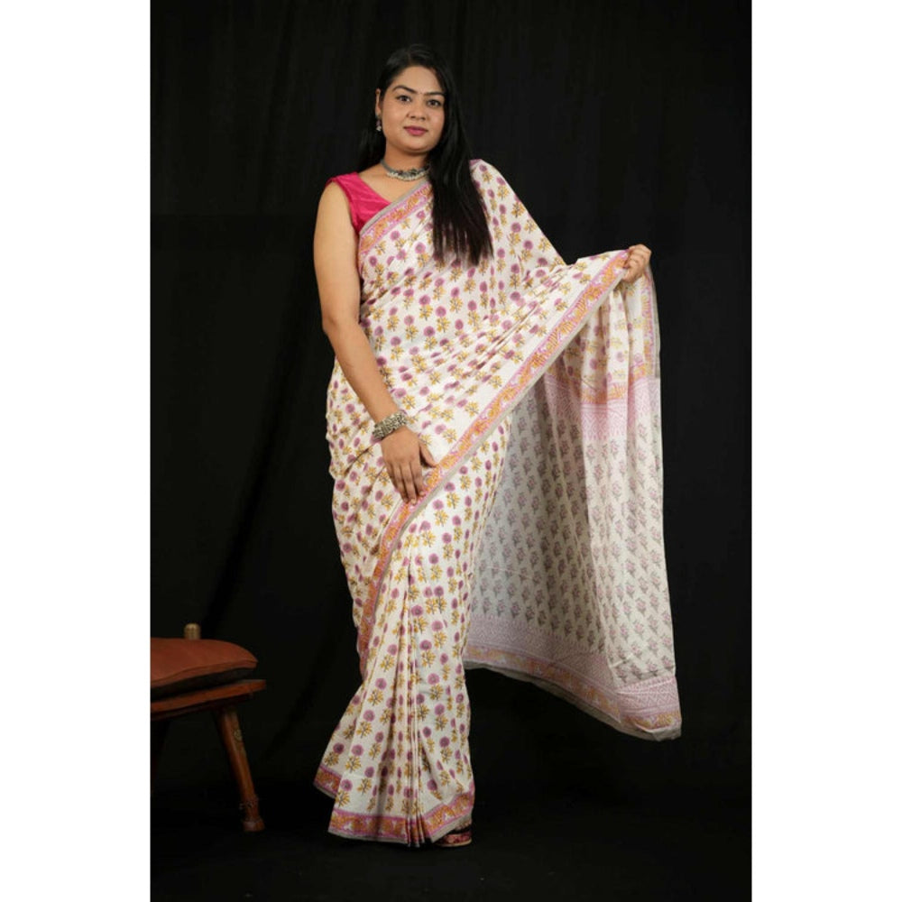 Isadora Life Womens Floral Printed White Pre-Draped Saree with Unstitched Blouse