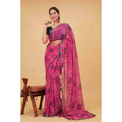 Isadora Life Womens Bandhani Printed Pink Pre-Draped Saree with Unstitched Blouse
