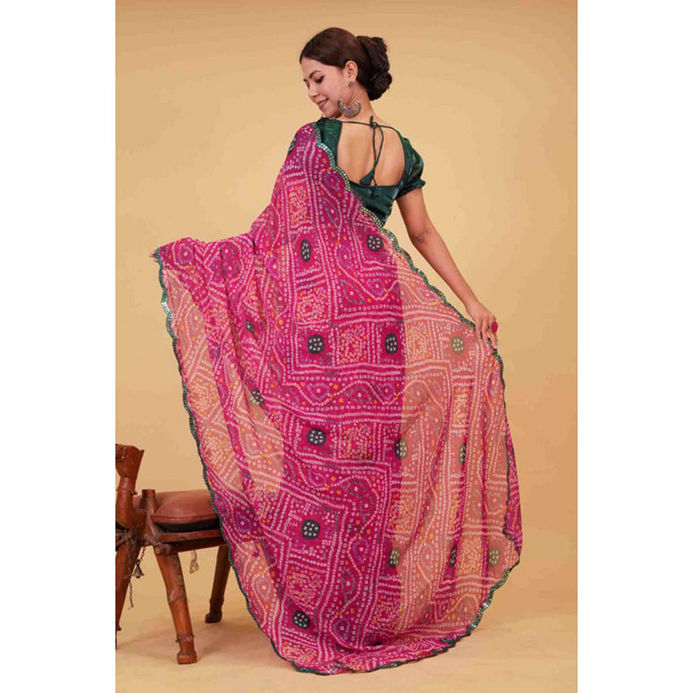 Isadora Life Womens Bandhani Printed Pink Pre-Draped Saree with Unstitched Blouse