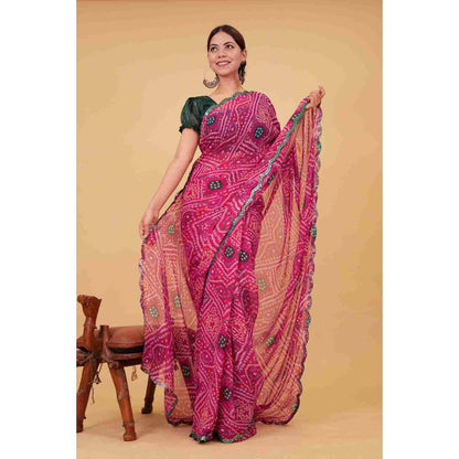 Isadora Life Womens Bandhani Printed Pink Pre-Draped Saree with Unstitched Blouse