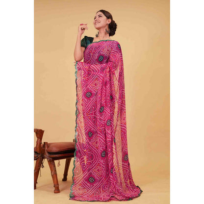 Isadora Life Womens Bandhani Printed Pink Pre-Draped Saree with Unstitched Blouse