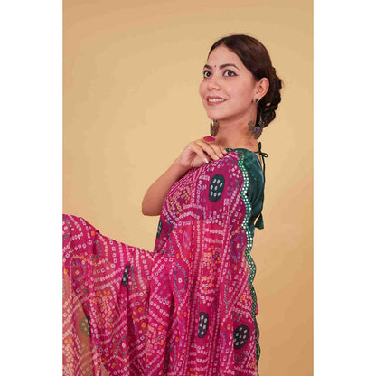 Isadora Life Womens Bandhani Printed Pink Pre-Draped Saree with Unstitched Blouse
