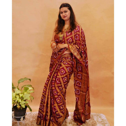 Isadora Life Womens Bandhani Printed Maroon Pre-Draped Saree with Unstitched Blouse