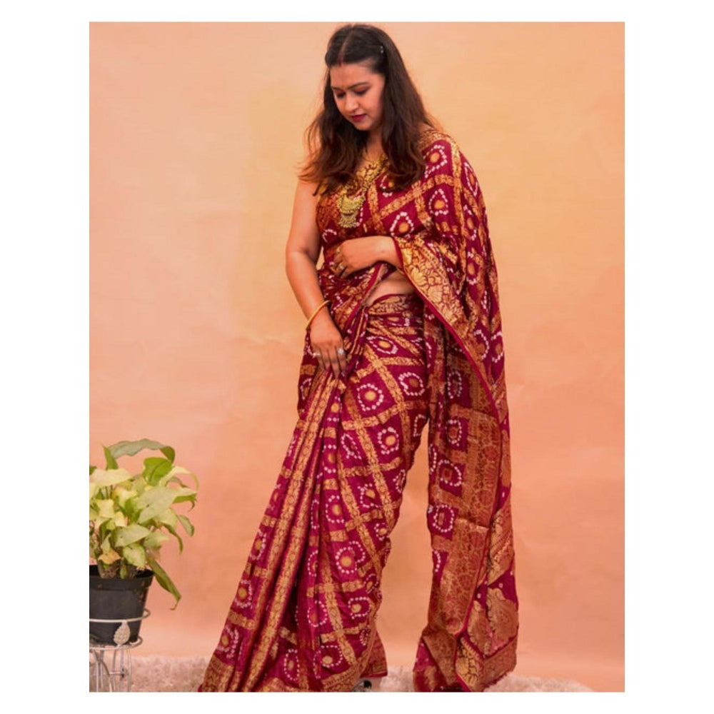 Isadora Life Womens Bandhani Printed Maroon Pre-Draped Saree with Unstitched Blouse