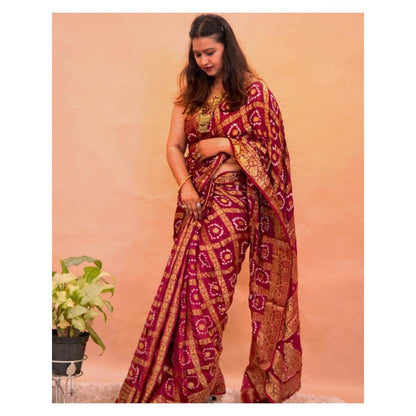 Isadora Life Womens Bandhani Printed Maroon Pre-Draped Saree with Unstitched Blouse