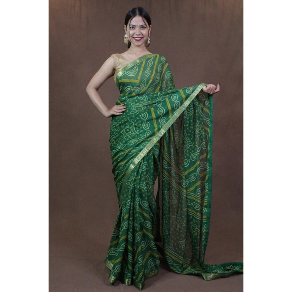 Isadora Life Womens Bandhani Printed Green Pre-Draped Saree with Unstitched Blouse