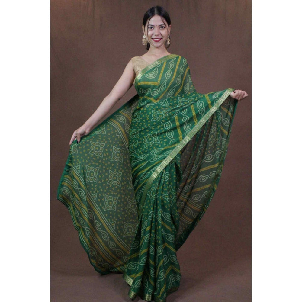 Isadora Life Womens Bandhani Printed Green Pre-Draped Saree with Unstitched Blouse