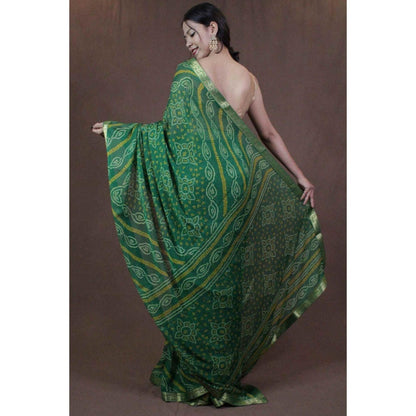 Isadora Life Womens Bandhani Printed Green Pre-Draped Saree with Unstitched Blouse