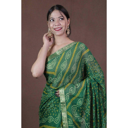 Isadora Life Womens Bandhani Printed Green Pre-Draped Saree with Unstitched Blouse