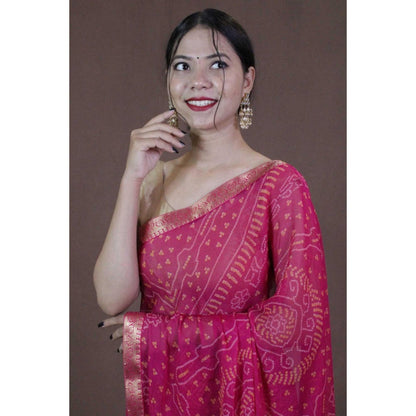 Isadora Life Womens Bandhani Printed Pink Pre-Draped Saree with Unstitched Blouse