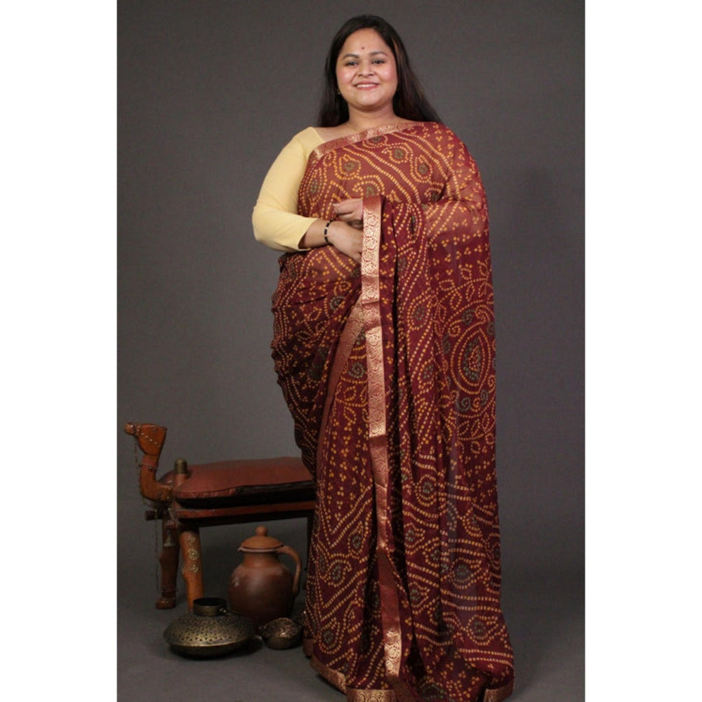 Isadora Life Womens Bandhani Printed Maroon Pre-Draped Saree with Unstitched Blouse