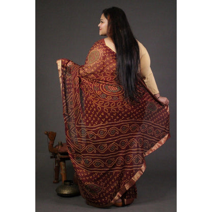 Isadora Life Womens Bandhani Printed Maroon Pre-Draped Saree with Unstitched Blouse
