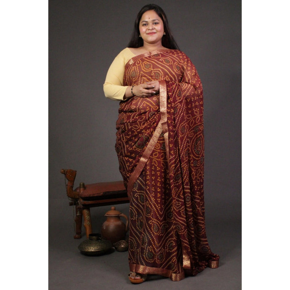 Isadora Life Womens Bandhani Printed Maroon Pre-Draped Saree with Unstitched Blouse