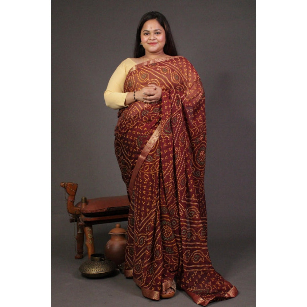 Isadora Life Womens Bandhani Printed Maroon Pre-Draped Saree with Unstitched Blouse