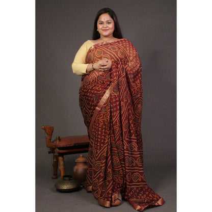 Isadora Life Womens Bandhani Printed Maroon Pre-Draped Saree with Unstitched Blouse
