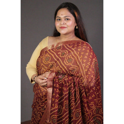 Isadora Life Womens Bandhani Printed Maroon Pre-Draped Saree with Unstitched Blouse